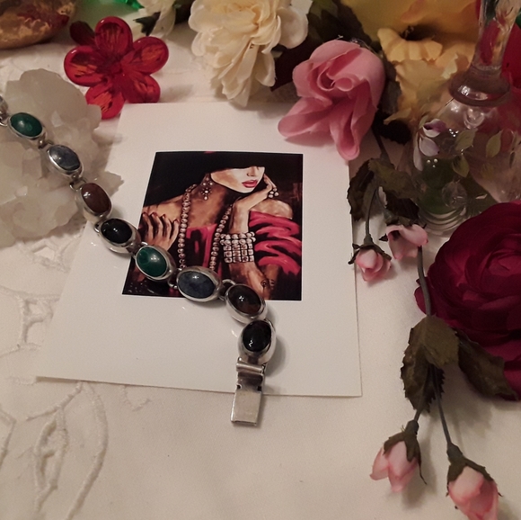 VTG. 925 SOLID STERLING MULTI-GEMSTONE BRACELET 8" - Picture 7 of 8